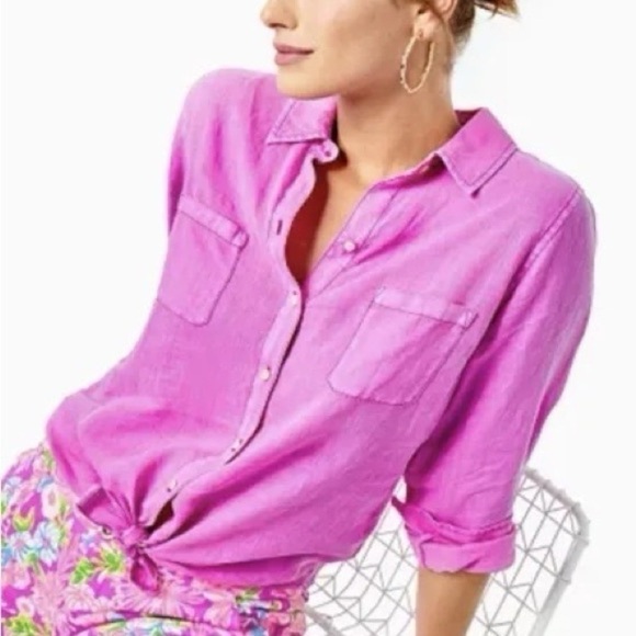 NEW Lilly Pulitzer Sea View Linen Button Down Top Amethyst Shirt - Picture 3 of 9